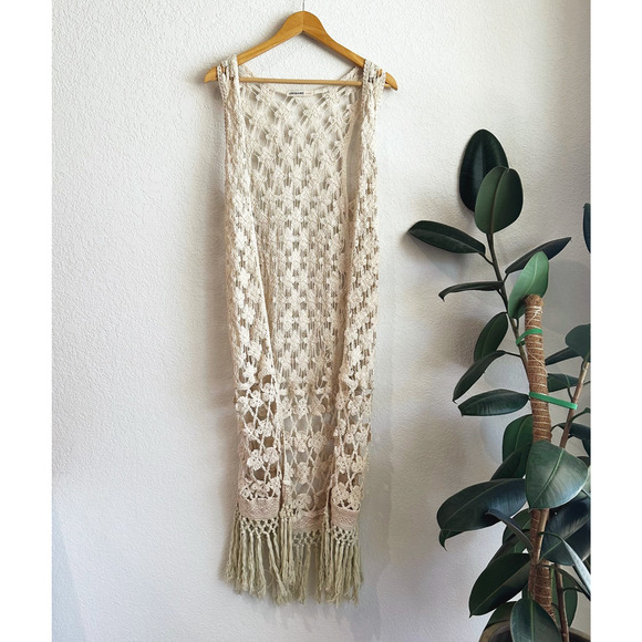 Origami By Vivian Crochet Duster Vest OS Fringe Open Boho Hippie Festival 90s - Picture 1 of 6